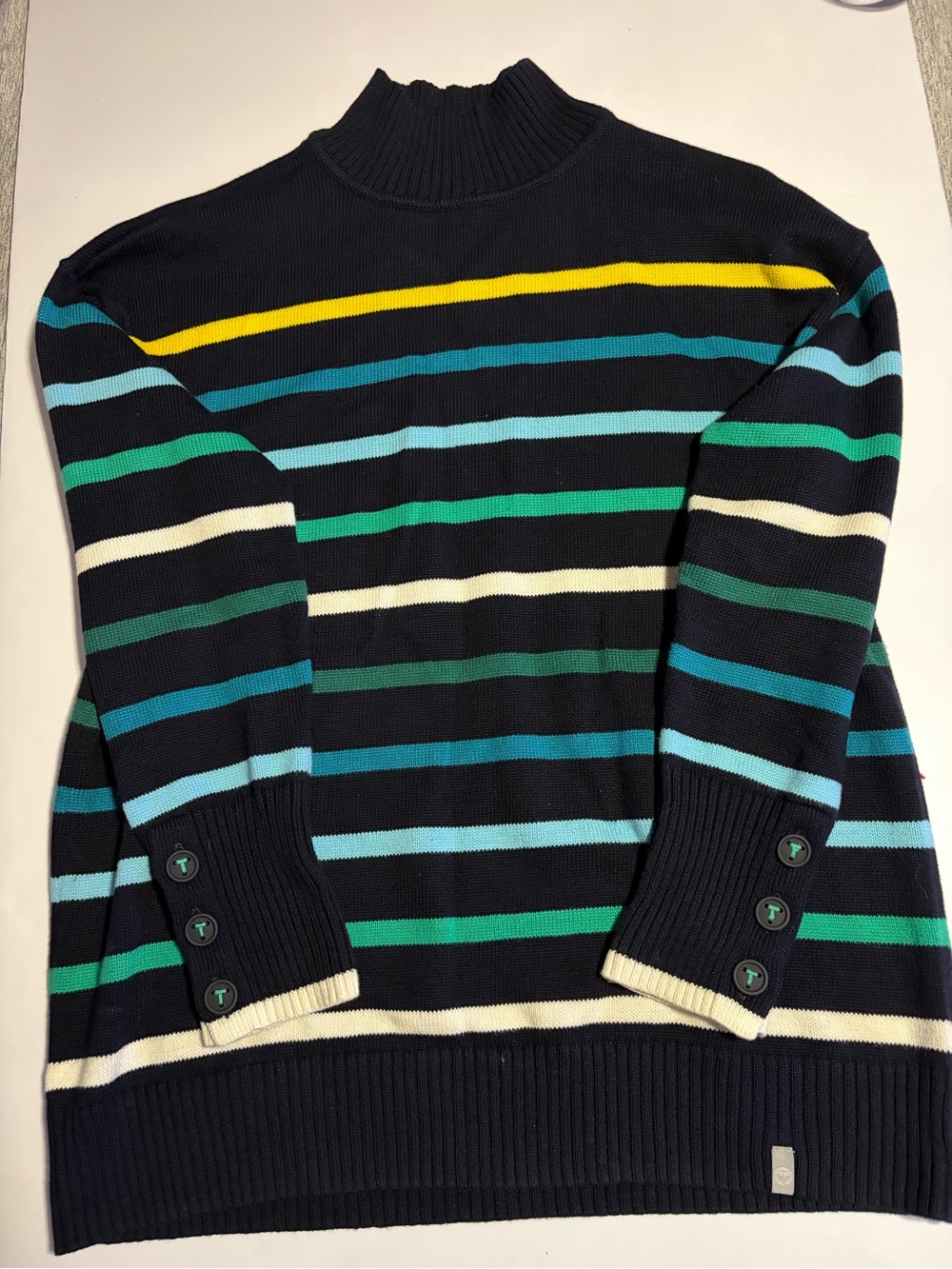Talbots Navy Cowlneck Sweater with Yellow, Teal, Green and Cream Stripes